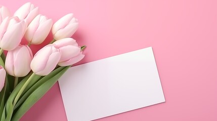 Beautiful Pink Tulip Bouquet with Blank Greeting Card on Pastel Pink Background