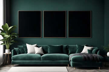 Living Room Mockup with Dark Green Sofa and Emerald Walls, Spacious Gallery Space and Deep Accent Background in a Modern Premium Design - 3D Rendering