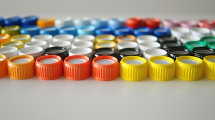 Several differently colored bottle caps arranged on a table with a white surface