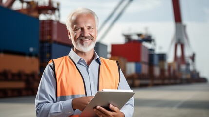 Engineer wearing uniform with logistics container dock cargo yard with working crane bridge in shipyard with transport logistic import export