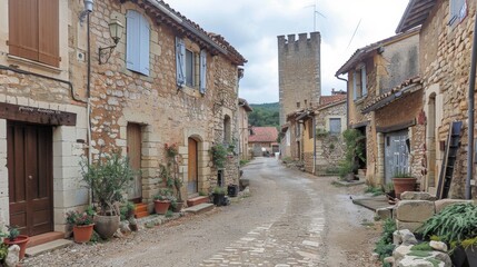 Obraz premium Timeless grandeur medieval castle dominating village with turrets and battlements