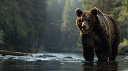 A brown bear is walking through a river, with its head held high