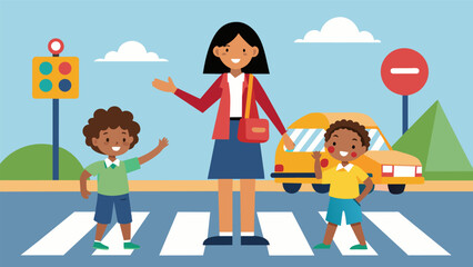 Fototapeta premium As cars zoom by the school crossing guard stands tall her stop sign held high as she ensures the students safety with each careful step across the street.. Vector illustration