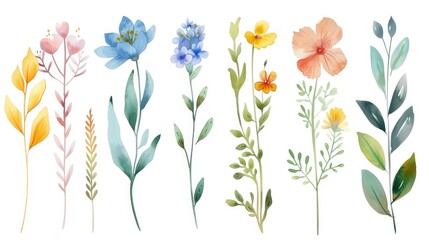 Set of hand drawn line art in spring hues for watercolor painting