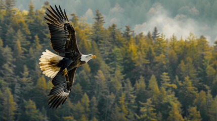 A large eagle is flying high in the sky over a mountain range