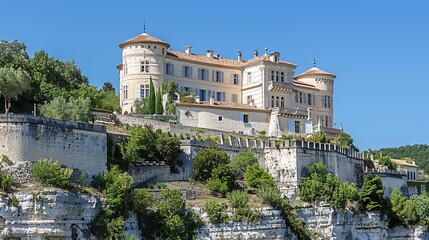 Fototapeta premium Timeless grandeur medieval castle dominating village with turrets and battlements