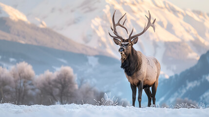 A deer stands in the snow with its antlers raised
