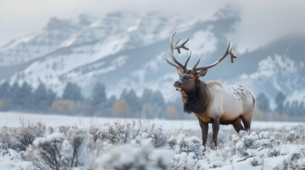 A deer stands in the snow with its antlers raised