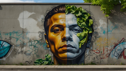 Realistic mural of a man with leafy greens