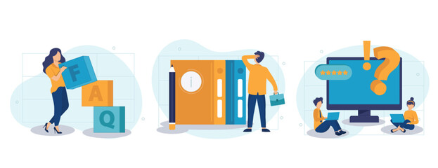 Frequency asked questions and helpdesk illustration set. Characters contacting with helpdesk service, asking questions and receiving answers. Customer support concept. Vector illustration.
