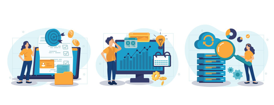 Enterprise strategy development abstract concept vector illustration set. Business Intelligence and business rule, big data analytics, application software, data management abstract metaphor.