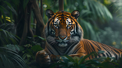 A tiger is laying in the jungle, looking at the camera