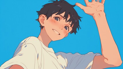 The boy is leaning to one side and raising his hand while doing exercises