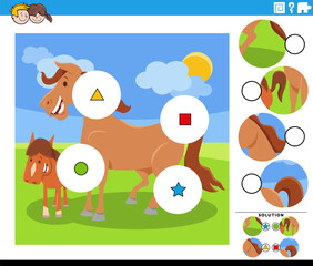 match the pieces activity with cartoon horse and foal farm animals