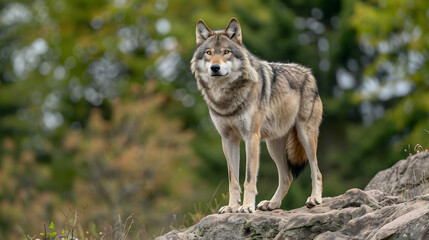A wolf is standing on a rock in a forest