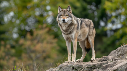 Fototapeta premium A wolf is standing on a rock in a forest