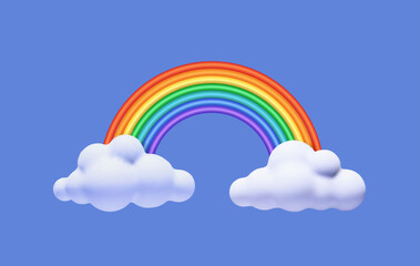 Colorful rainbow with clouds on blue sky background. 3D Weather Icon design