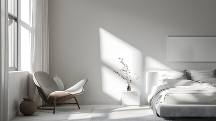 Obraz premium A white bedroom with a bed, chair, and a potted plant