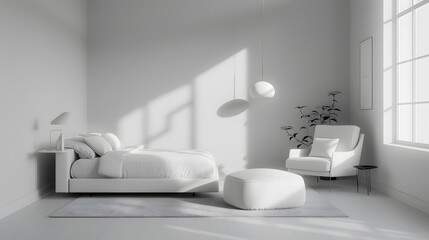 A white bedroom with a bed, chair, and a potted plant