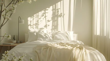 A bedroom with a white bed, a large window, and a few potted plants