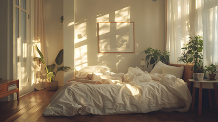 A bedroom with a white bed, a large window, and a few potted plants