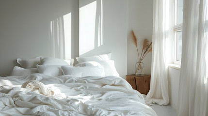 A bedroom with a white bed and a plant on the nightstand