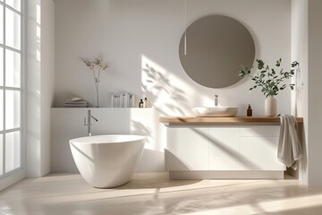 a image of a bathroom with a large mirror and a white bathtub