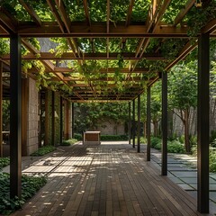 Fototapeta premium Explore a serene oasis with a wooden pergola car cover featuring hanging plants in pots, creating a suspended garden effect