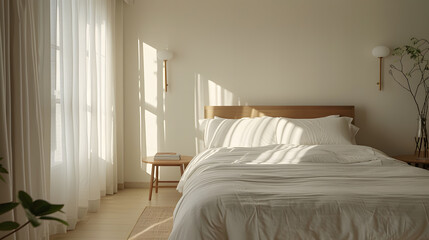 A bedroom with a white bed and a plant on the nightstand