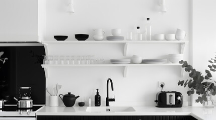 A kitchen with a black and white theme