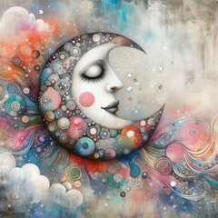 Mixed media painting of a whimsical moon