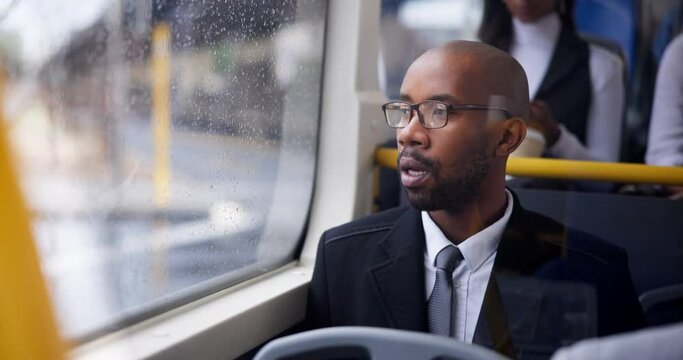 Thinking, black man and bus for travel, journey or morning commute to work in vehicle by window. Passenger, public transport or idea of professional salesman, nervous or planning future business trip