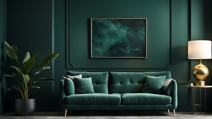 Living Room Mockup with Dark Green Sofa and Emerald Walls, Spacious Gallery Space and Deep Accent Background in a Modern Premium Design - 3D Rendering