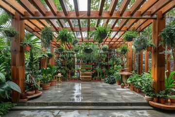 Fototapeta premium Explore a serene oasis with a wooden pergola car cover featuring hanging plants in pots, creating a suspended garden effect