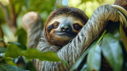 Fototapeta premium A close-up of a brown-throated three-toed sloth hanging in a tree with a serene expression.