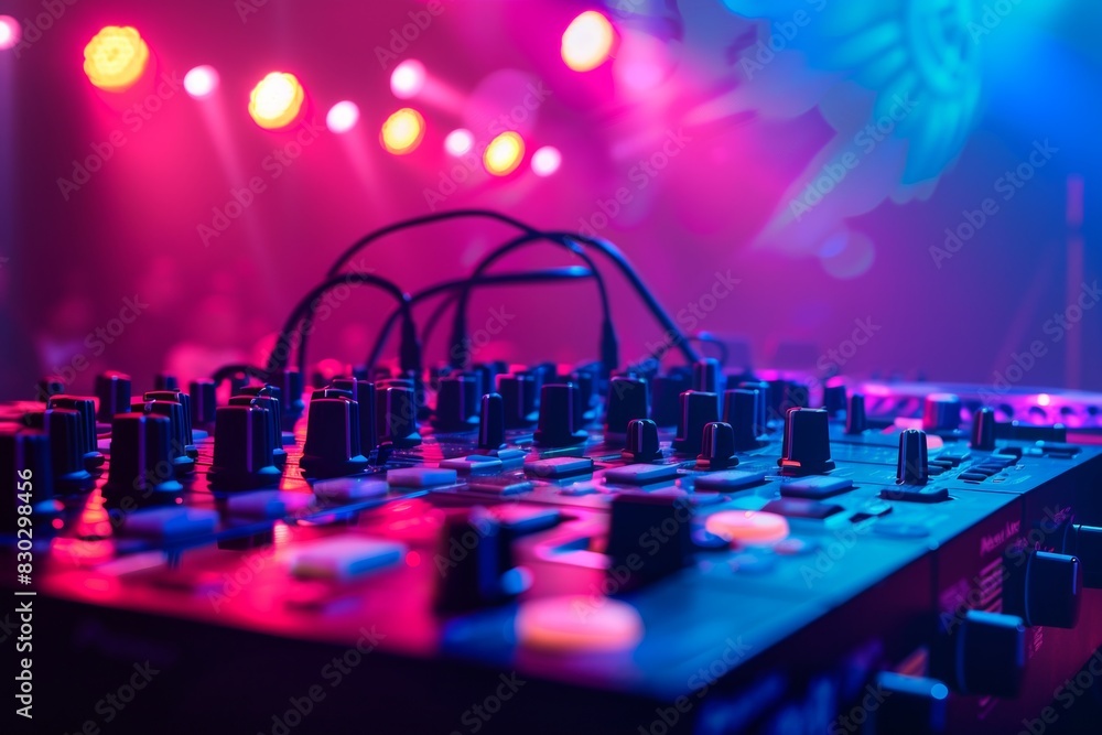 Aufkleber A DJ mixer illuminated by colorful lights, creating a vibrant and dynamic atmosphere at a party. Generative AI
