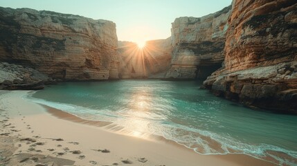 Sunset over Grota Beach, Portugal, with sun rays peaking between cliffs and reflecting on calm cove waters.