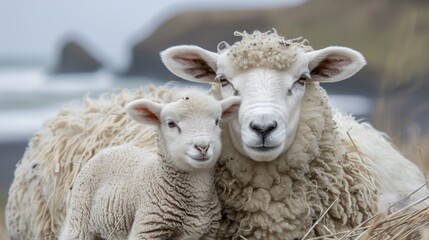 Fototapeta premium A sheep and her lamb cuddle closely, showcasing the affectionate bond between them in a natural setting.