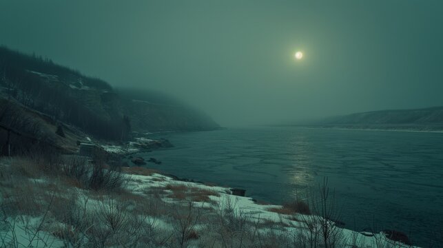 A tranquil scene of a frozen tundra during twilight in Vorkuta, Russia, with a ghostly moon shrouded by mist.