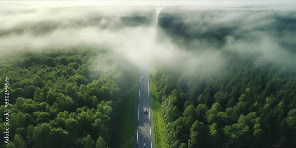 Wall mural road in the middle of the forest aerial view Generative AI - Wall murals