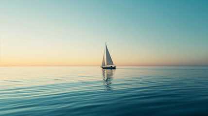 Picturesque view of sailboat cruising at sunset. Summer concept background.