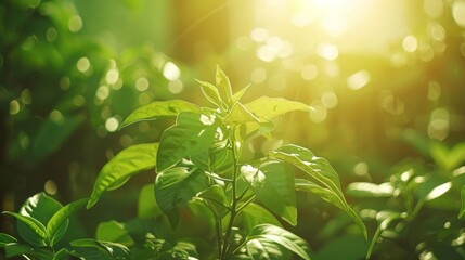 A sunlit avocado plant with lush green leaves, basking in the warm, glowing light of the sun.