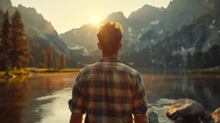 Man in a plaid shirt standing by a river, facing a majestic mountain range with the sun setting behind. - Powered by Adobe