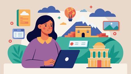 Naklejka premium As she scrolled through various online resources Mrs. Patel meticulously researched different attractions and historical sites to create an educational and engaging field trip. Vector illustration