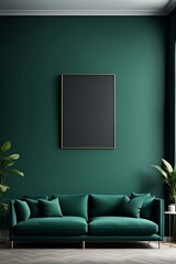 Living Room Mockup with Dark Green Sofa and Emerald Walls, Spacious Gallery Space and Deep Accent Background in a Modern Premium Design - 3D Rendering