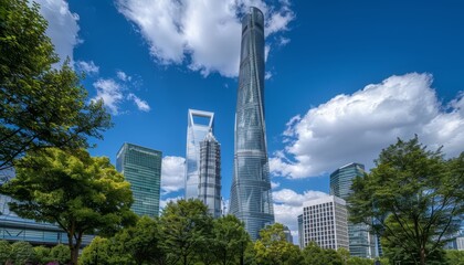 Obraz premium Majestic towers symbolize progress in a dynamic cityscape, embodying growth and aspirations