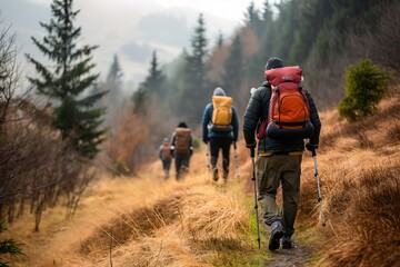 Hikers trekking through mountainous countryside