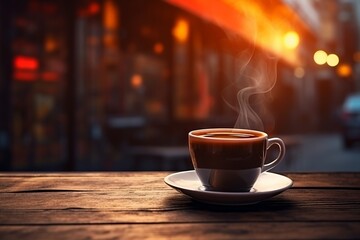 Fototapeta premium Coffee cup on wooden table in front of defocused lights