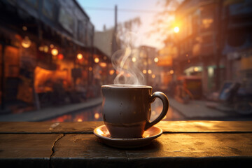 Obraz premium Coffee cup on wooden table in front of defocused lights