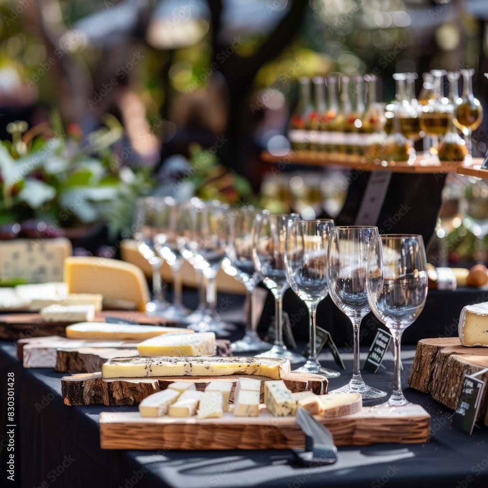 Poster A table with a variety of cheeses and glasses of wine